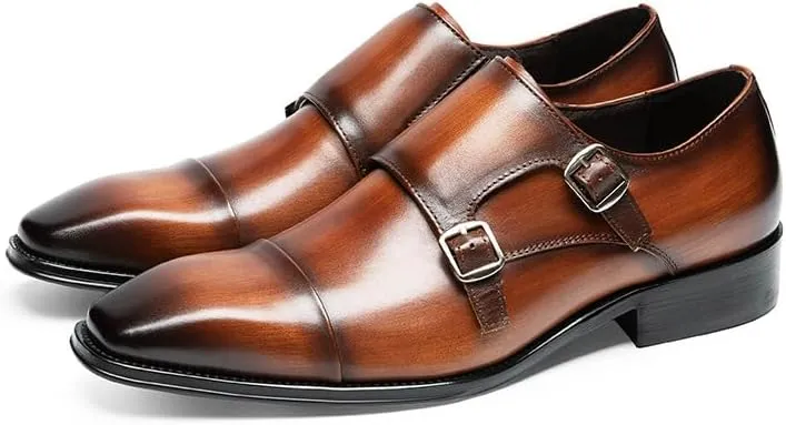 Dress Oxford Shoes for Men Slip On Square Burnished Toe Double Monk Strap Cap Toe Genuine Leather Non Slip Rubber Sole Block Heel Working