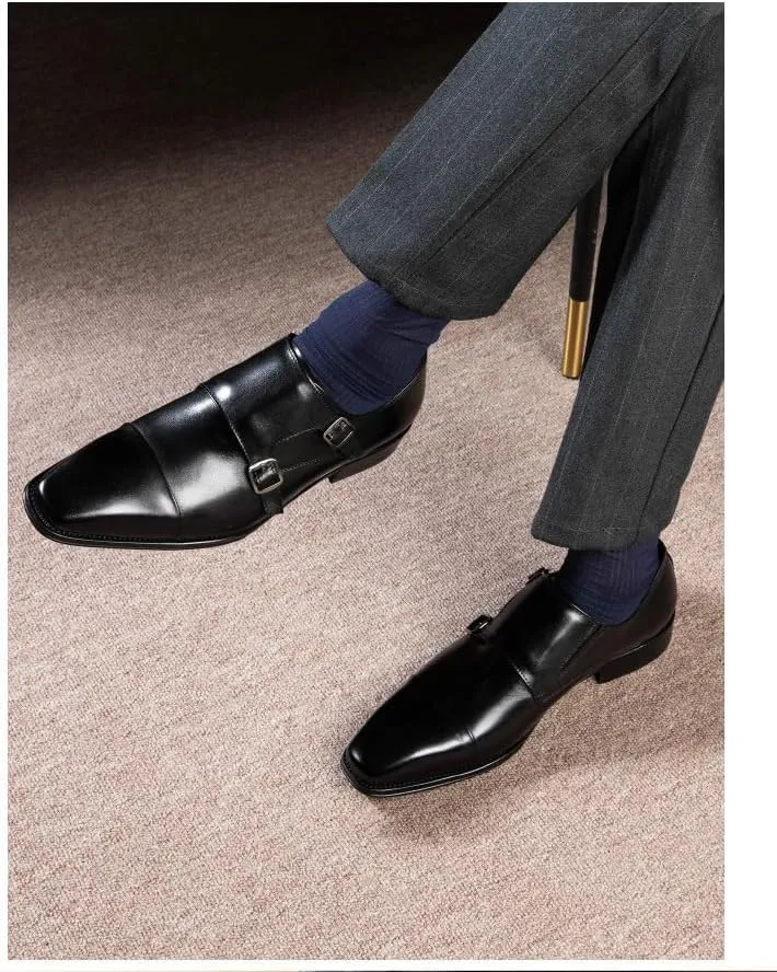 Dress Oxford Shoes for Men Slip On Square Burnished Toe Double Monk Strap Cap Toe Genuine Leather Non Slip Rubber Sole Block Heel Working