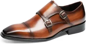 Dress Oxford Shoes for Men Slip On Square Burnished Toe Double Monk Strap Cap Toe Genuine Leather Non Slip Rubber Sole Block Heel Working
