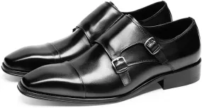 Dress Oxford Shoes for Men Slip On Square Burnished Toe Double Monk Strap Cap Toe Genuine Leather Non Slip Rubber Sole Block Heel Working