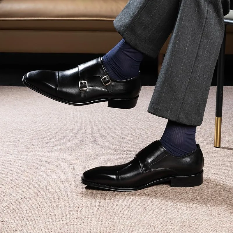 Dress Oxford Shoes for Men Slip On Square Burnished Toe Double Monk Strap Cap Toe Genuine Leather Non Slip Rubber Sole Block Heel Working