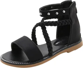 Girls Kids Leather Gl𝐚diator Sandals Ankle Open Toe X-Strap Flat Shoes Summer Casual Rubber Sole Non Slip Shoes Comfy