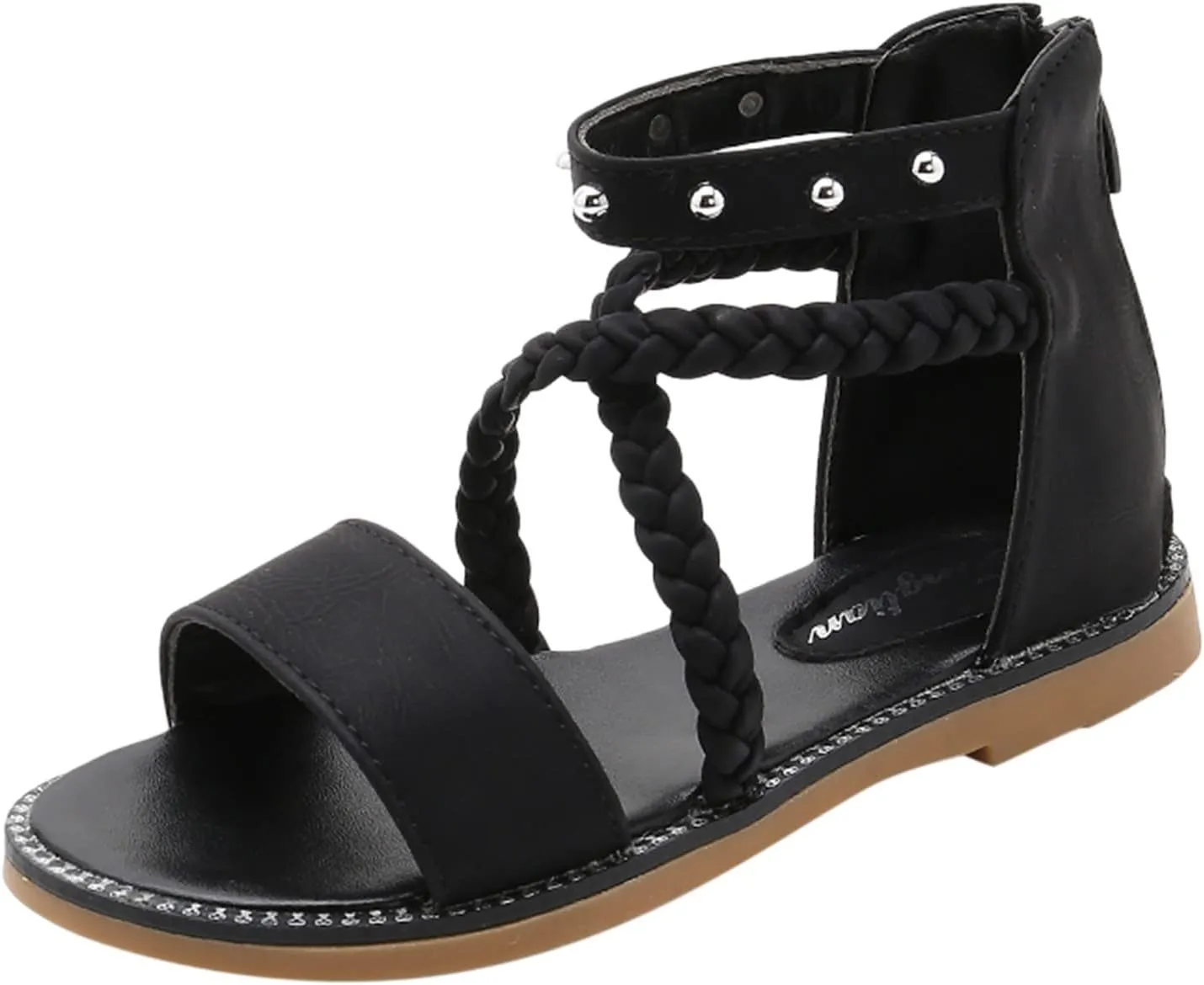 Girls Kids Leather Gl𝐚diator Sandals Ankle Open Toe X-Strap Flat Shoes Summer Casual Rubber Sole Non Slip Shoes Comfy