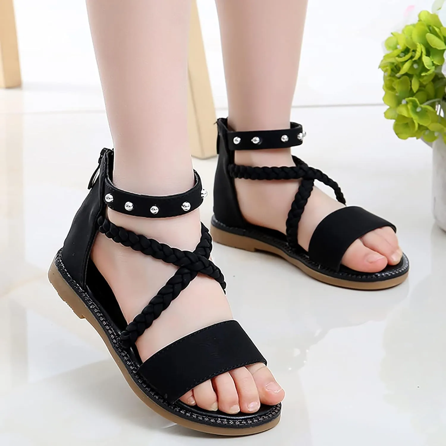 Girls Kids Leather Gl𝐚diator Sandals Ankle Open Toe X-Strap Flat Shoes Summer Casual Rubber Sole Non Slip Shoes Comfy