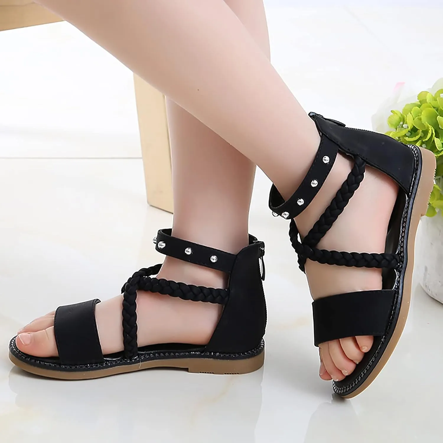 Girls Kids Leather Gl𝐚diator Sandals Ankle Open Toe X-Strap Flat Shoes Summer Casual Rubber Sole Non Slip Shoes Comfy