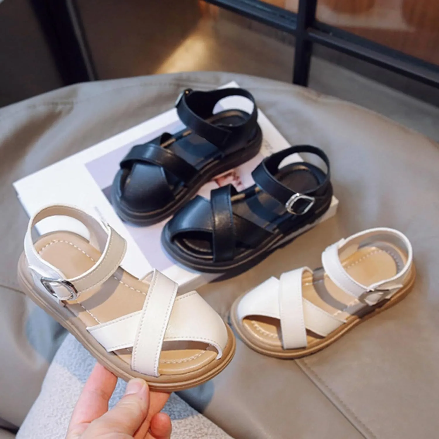 Half Open Toe Girls Sandals Open Toe Breathable Princess Non-Slip Flats Summer Beach Lightweight Rubber Sole Shoes