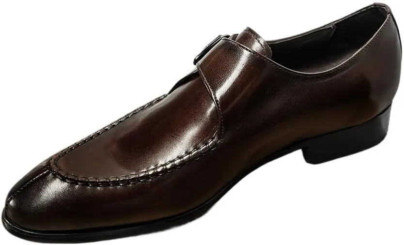 HOOENG Oxford Dress Shoes for Men Slip On Pointed Toe Genuine Leather Split Toe Monk Strap Block Heel Slip Resistant Anti-Slip Rubber Sole Casual(Light Coffee,7.5)