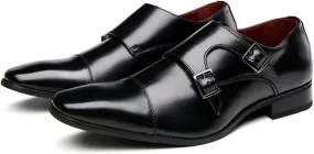 HOOENG Oxford Shoes for Men Slip on Double Monk Strap Cap Toe Square Toe Leather Block Heel Anti-Slip Resistant Non Slip Casual (Color : Black, Size : 7.5)