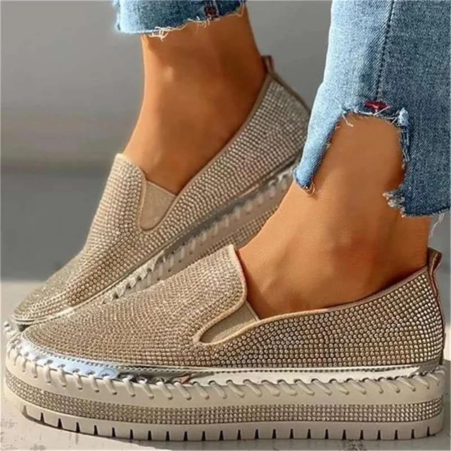Ladmiple Sneakers For Women Walking Shoes Wide Width Rhinestone Sneakers Slip On Dressy Summer Glitter Sparkly Loafers