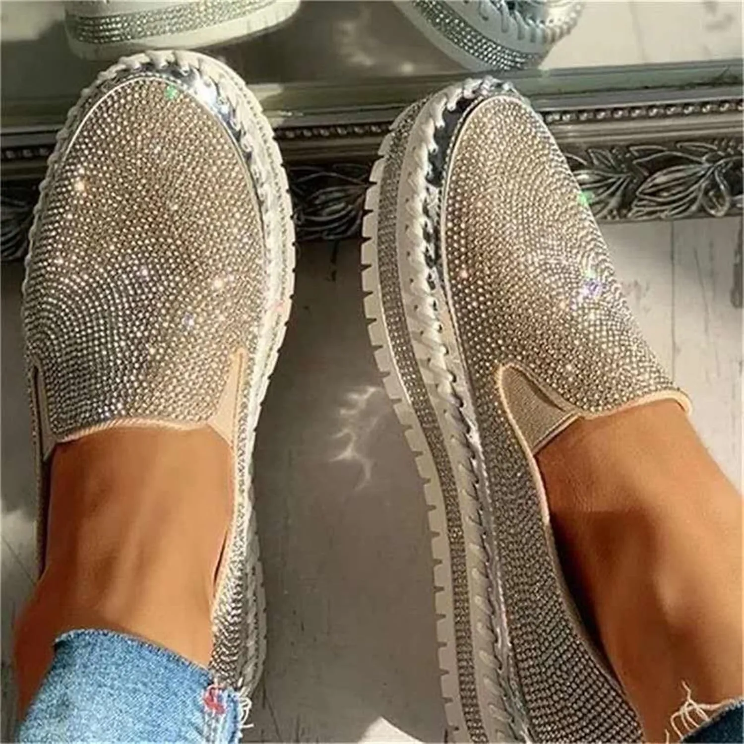 Ladmiple Sneakers For Women Walking Shoes Wide Width Rhinestone Sneakers Slip On Dressy Summer Glitter Sparkly Loafers