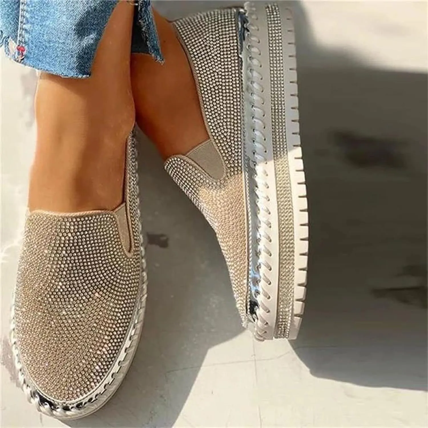 Ladmiple Sneakers For Women Walking Shoes Wide Width Rhinestone Sneakers Slip On Dressy Summer Glitter Sparkly Loafers