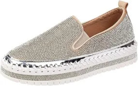 Ladmiple Sneakers For Women Walking Shoes Wide Width Rhinestone Sneakers Slip On Dressy Summer Glitter Sparkly Loafers