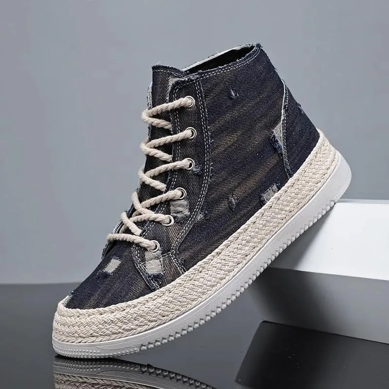 Men's Casual high Shoes, Thick-Soled, Anti-Slip Sports Skateboarding Shoes, Denim Fabric, Outdoor