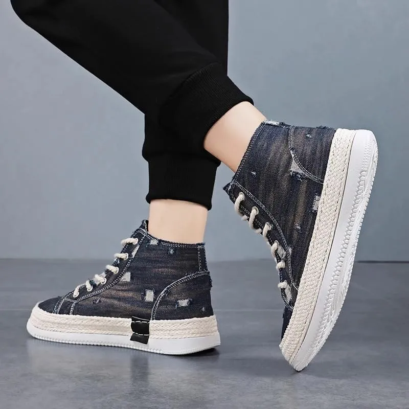 Men's Casual high Shoes, Thick-Soled, Anti-Slip Sports Skateboarding Shoes, Denim Fabric, Outdoor