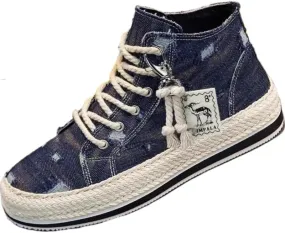 Men's Casual high Shoes, Thick-Soled, Anti-Slip Sports Skateboarding Shoes, Denim Fabric, Outdoor