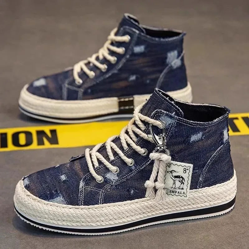 Men's Casual high Shoes, Thick-Soled, Anti-Slip Sports Skateboarding Shoes, Denim Fabric, Outdoor