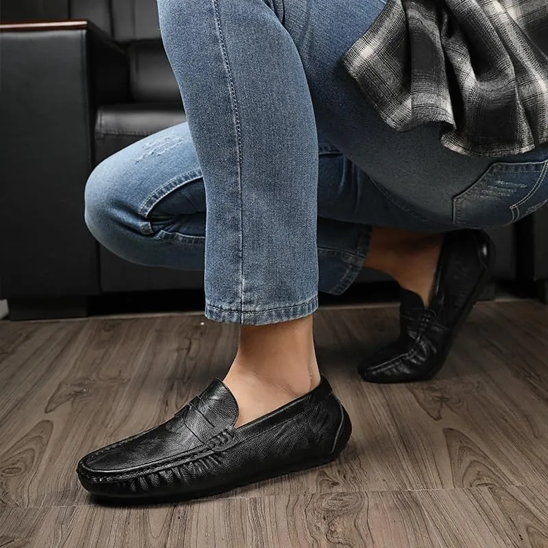 Men's Loafers Genuine Leather | Round Toe, Anti-Slip, Comfortable Slip-Ons | Fashionable Stitching, Slip-Resistant, Walking Shoes