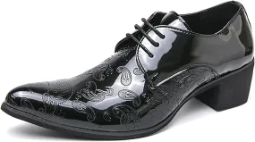 Men's Printing Pointed-Toe Patent Leather Derby Oxford Shoes,Classic Lace-up Low Top Block High Heel Fashion Slip on Prom Business Wedding Dress Shoes