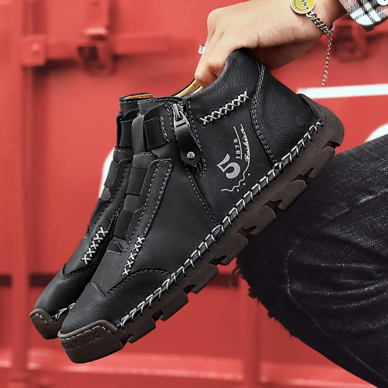 Mens Retro Leather Slip-On Chukka Ankle Boots with Side Zipper Casual Non-Slip Round Toe Walking Loafers High Top Flat Hiking Driving Boots
