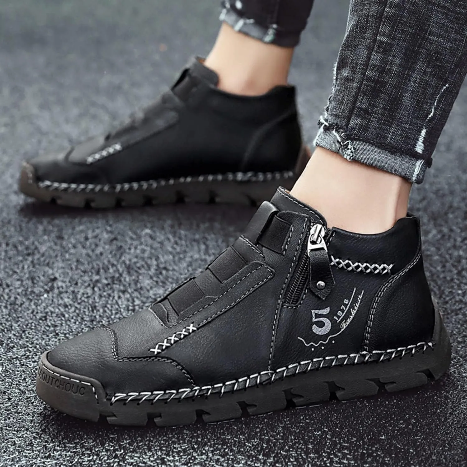 Mens Retro Leather Slip-On Chukka Ankle Boots with Side Zipper Casual Non-Slip Round Toe Walking Loafers High Top Flat Hiking Driving Boots