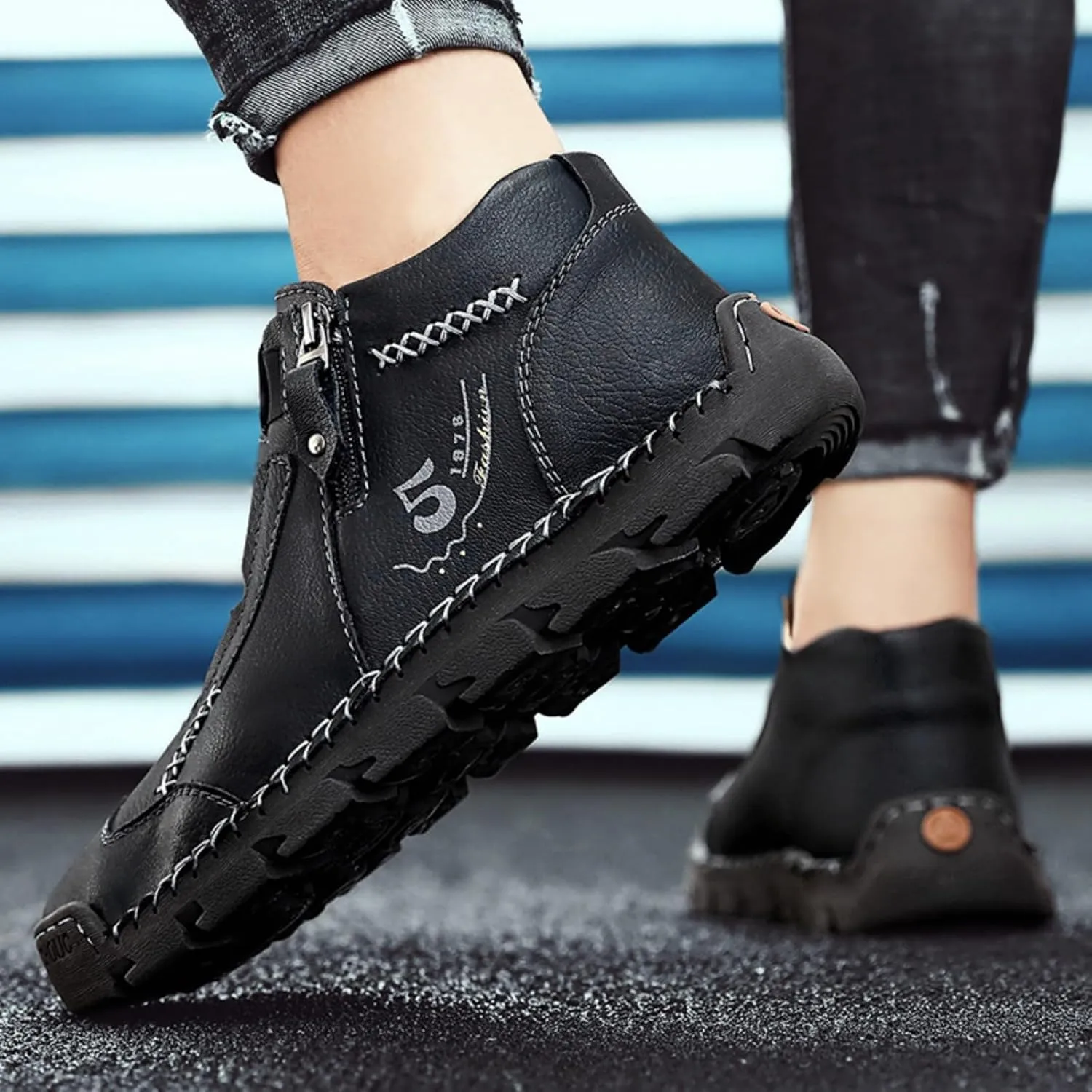 Mens Retro Leather Slip-On Chukka Ankle Boots with Side Zipper Casual Non-Slip Round Toe Walking Loafers High Top Flat Hiking Driving Boots