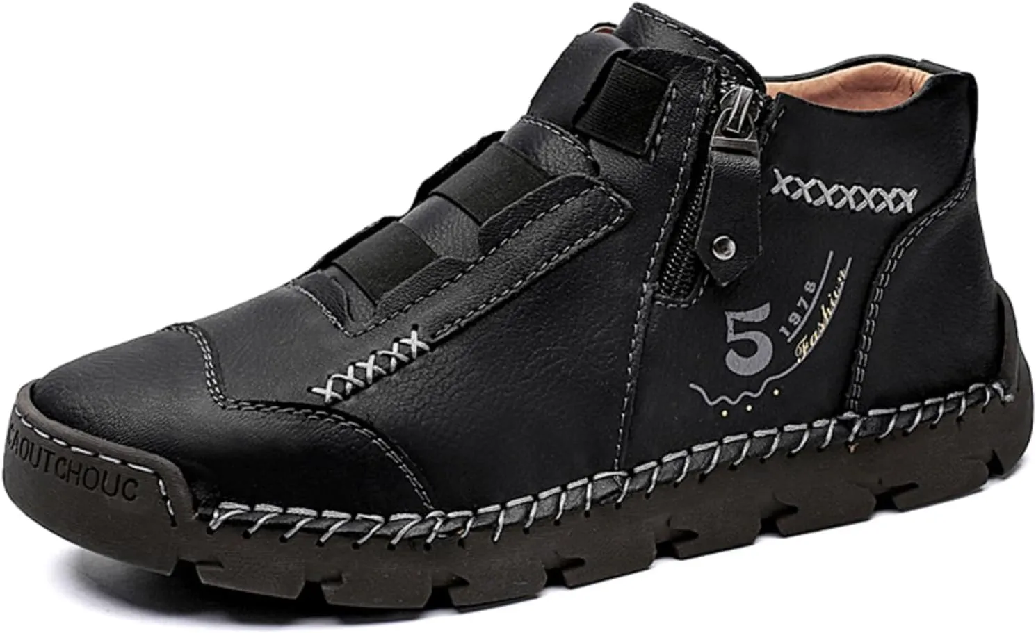 Mens Retro Leather Slip-On Chukka Ankle Boots with Side Zipper Casual Non-Slip Round Toe Walking Loafers High Top Flat Hiking Driving Boots