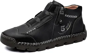 Mens Retro Leather Slip-On Chukka Ankle Boots with Side Zipper Casual Non-Slip Round Toe Walking Loafers High Top Flat Hiking Driving Boots