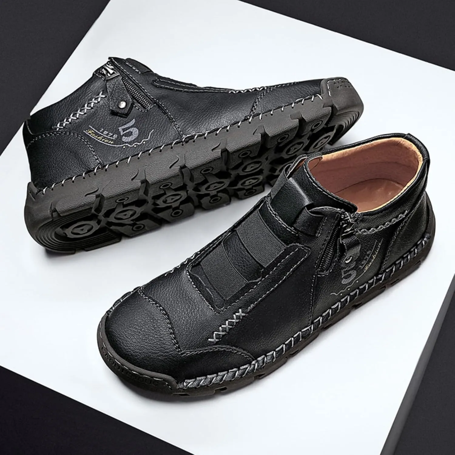 Mens Retro Leather Slip-On Chukka Ankle Boots with Side Zipper Casual Non-Slip Round Toe Walking Loafers High Top Flat Hiking Driving Boots