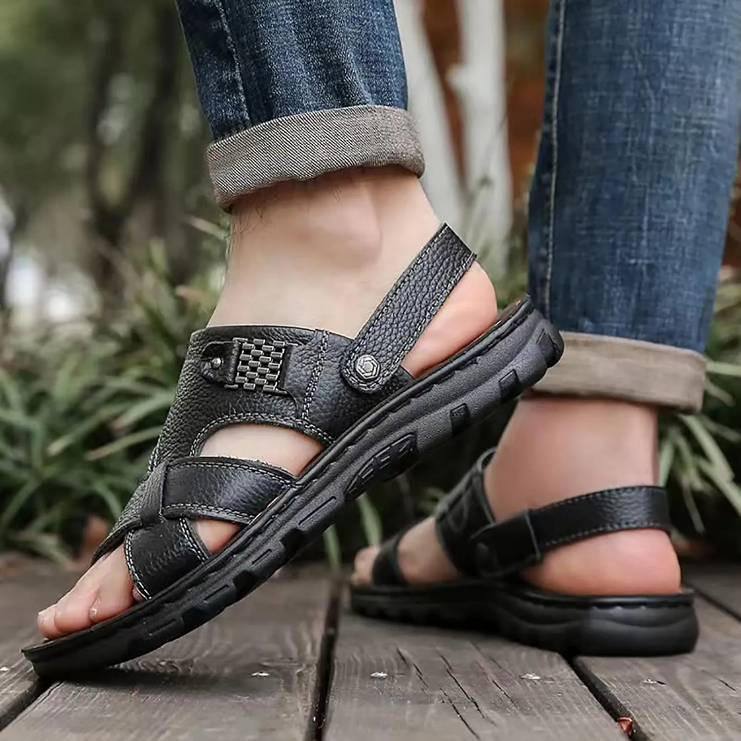 Men's Soft Sole Leather Sandals Breathable Outdoor Fisherman Shoes Open Toe Comfortable Casual Summer Beach Shoe