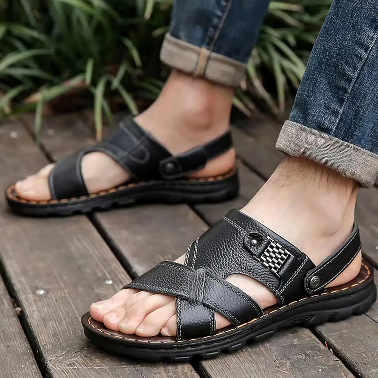Men's Soft Sole Leather Sandals Breathable Outdoor Fisherman Shoes Open Toe Comfortable Casual Summer Beach Shoe