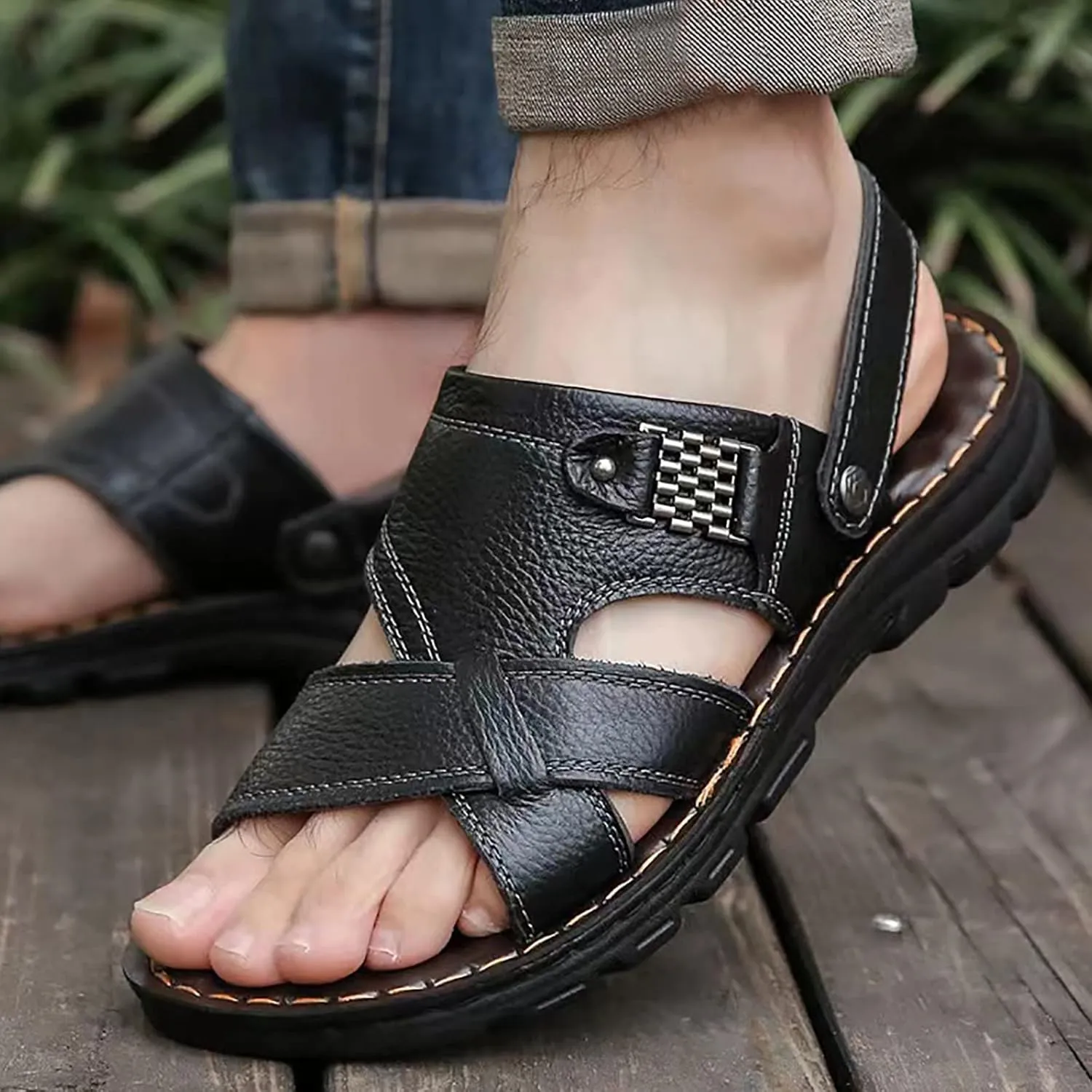 Men's Soft Sole Leather Sandals Breathable Outdoor Fisherman Shoes Open Toe Comfortable Casual Summer Beach Shoe