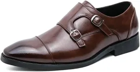 Oxford Dress Shoes for Men Slip On Double Monk Strap Burnished Toe Faux Leather Slip Resistant Rubber Sole Low Top Outdoor (Color : Brown, Size : 8.5)