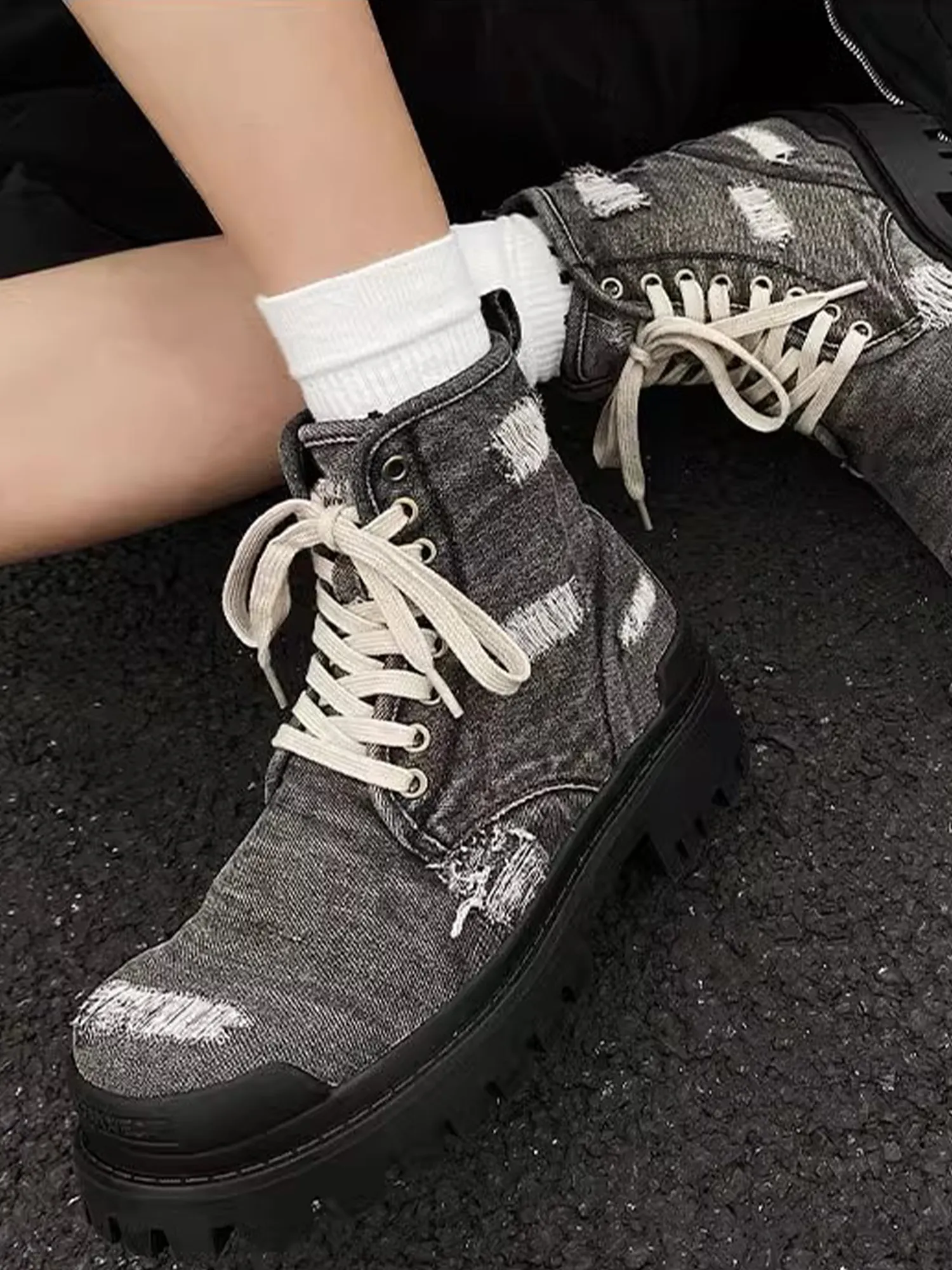 Retro Ripped Denim Work Boots