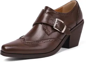 SHEMEE Women's Monk Strap Oxfords Loafers Shoes Chunky Heels Almond Square Toe Vintage Wingtip Brogues British Buckled Business Dress Pumps