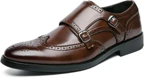 Shoes Dress Oxford for Men Slip On Monk Strap Brogue Embossed Wing tip PU Leather Non Slip Low Top Slip Resistant Anti-Slip Walking (Color : Brown, Size : 7.5)