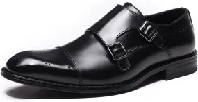 Single Season Dress Oxford Shoes for Men Slip On Double Monk Strap Brogue Cap Toe Leather Block Heel Resistant Non Slip Outdoor Very Popular Among Young People (Color : Black, Size : 6.