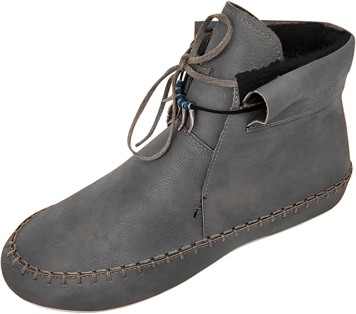 Vintage Short Boot Women Casual Sherpa Fleece Lined Warm Ankle Boots Winter Thermal Shoes Lace Up Flat Booties