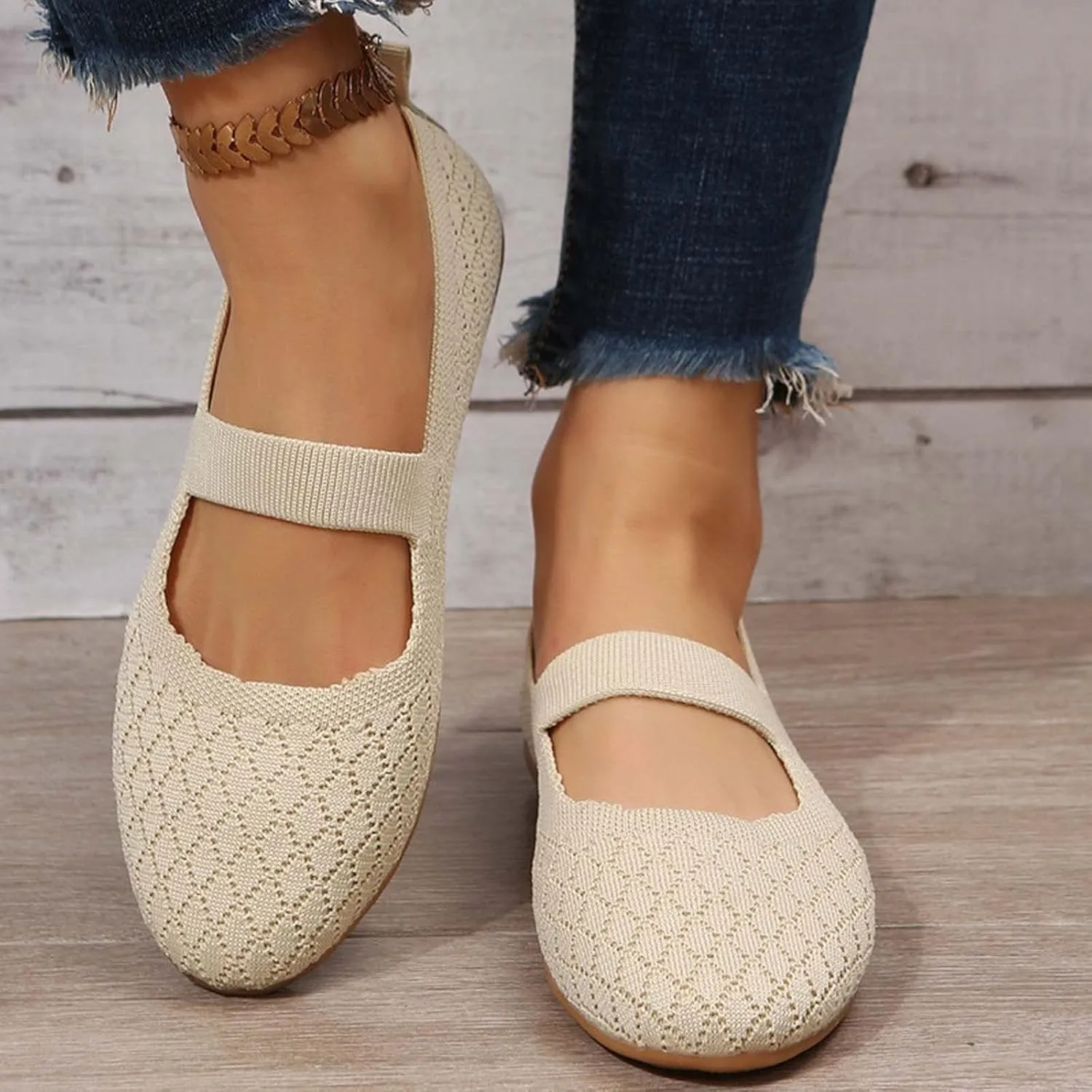 White Ballet Flats for Women Round Toe Mary Jane Shoes Comfortable Dressy Womens Straps Washable Knit Slip On Sandals