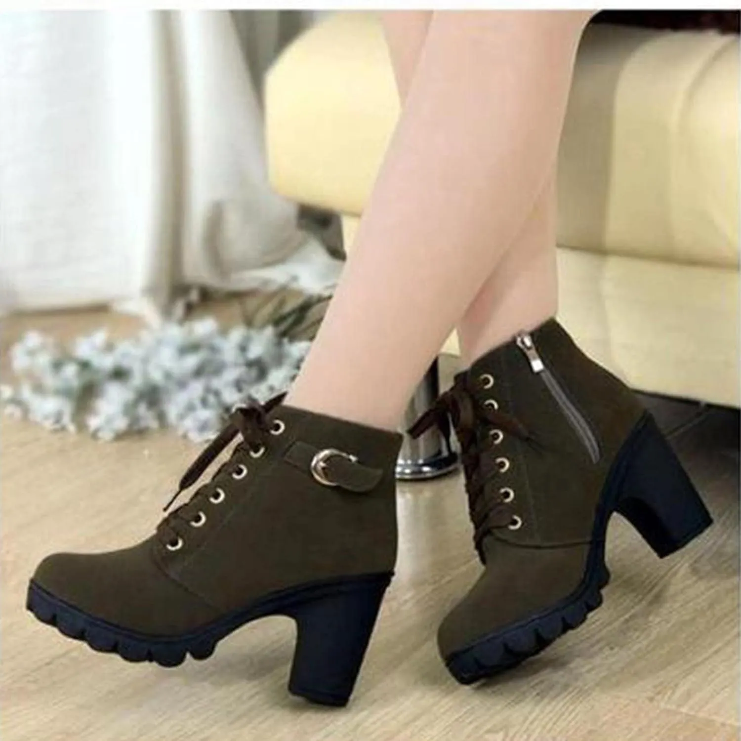 Women Lace Up Ankle Boots Chunky Heel Zip Buckle Booties Suede Zipper Bootie Elegant High Short Boot Shoes