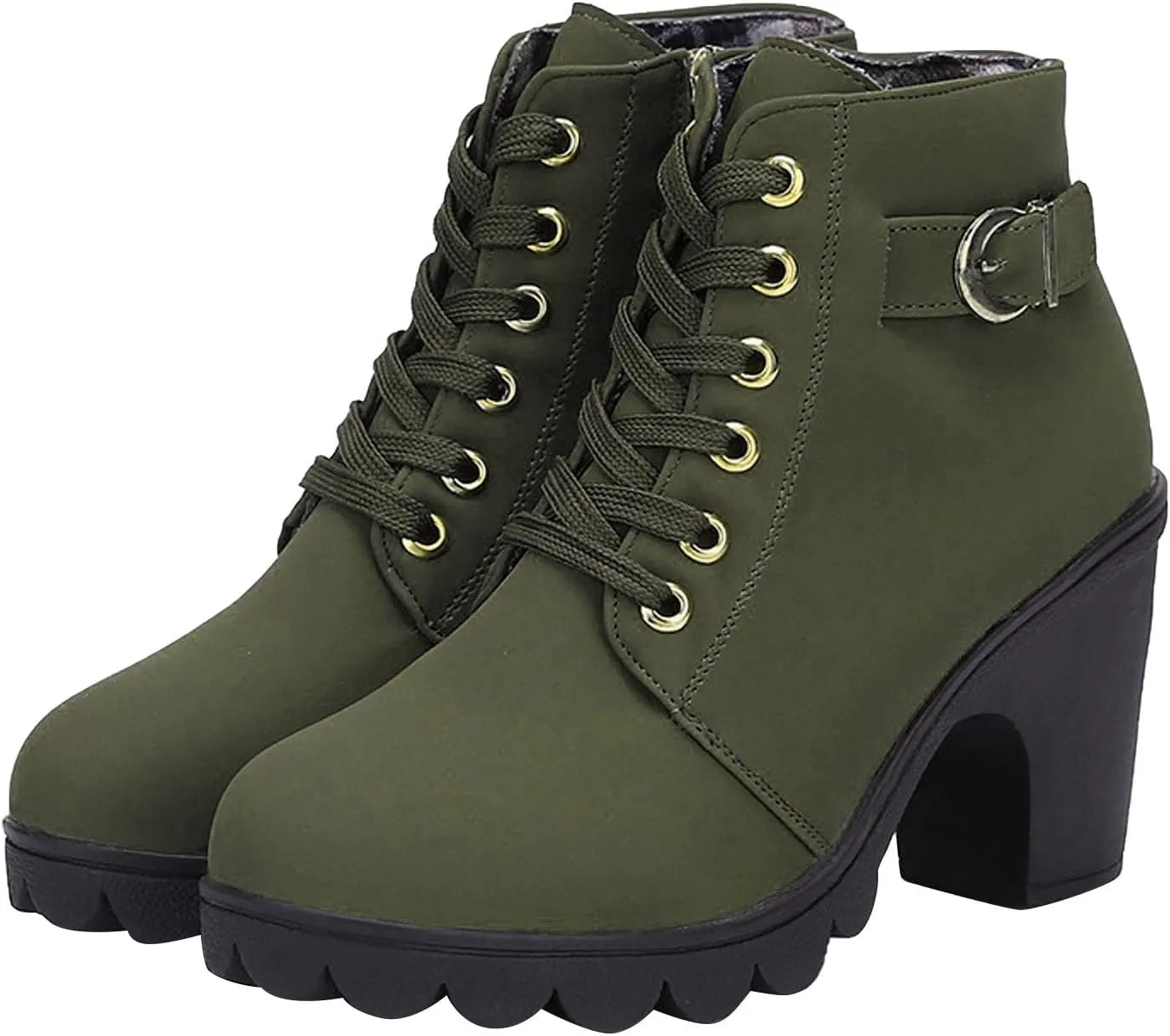 Women Lace Up Ankle Boots Chunky Heel Zip Buckle Booties Suede Zipper Bootie Elegant High Short Boot Shoes