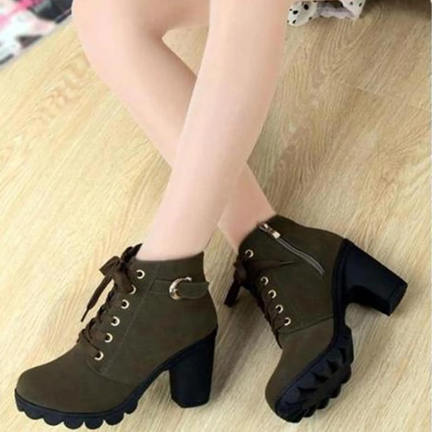 Women Lace Up Ankle Boots Chunky Heel Zip Buckle Booties Suede Zipper Bootie Elegant High Short Boot Shoes