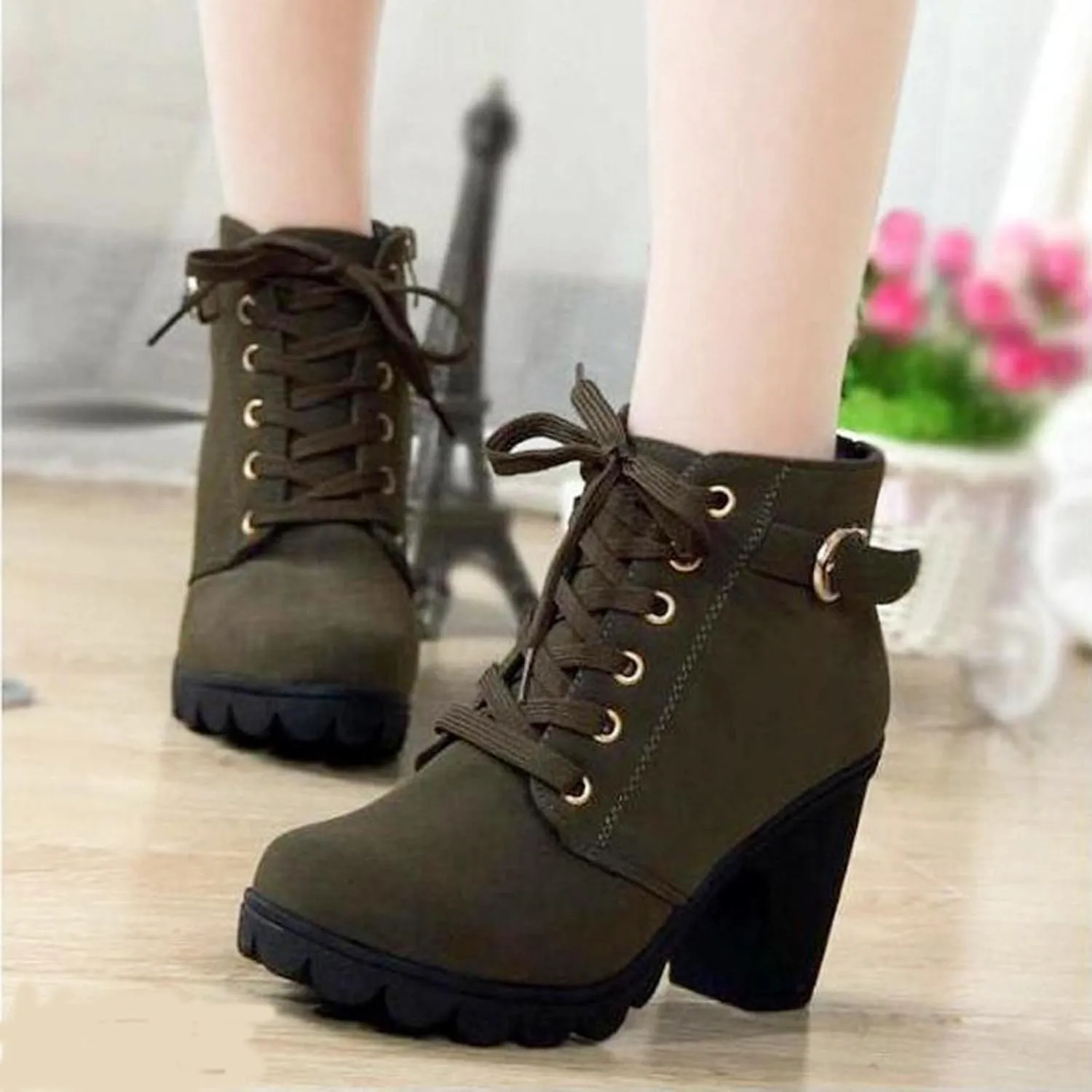Women Lace Up Ankle Boots Chunky Heel Zip Buckle Booties Suede Zipper Bootie Elegant High Short Boot Shoes