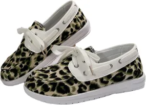 Women's Leopard Print Boat Shoes, Lace-up Canvas Deck Shoes, White Trim