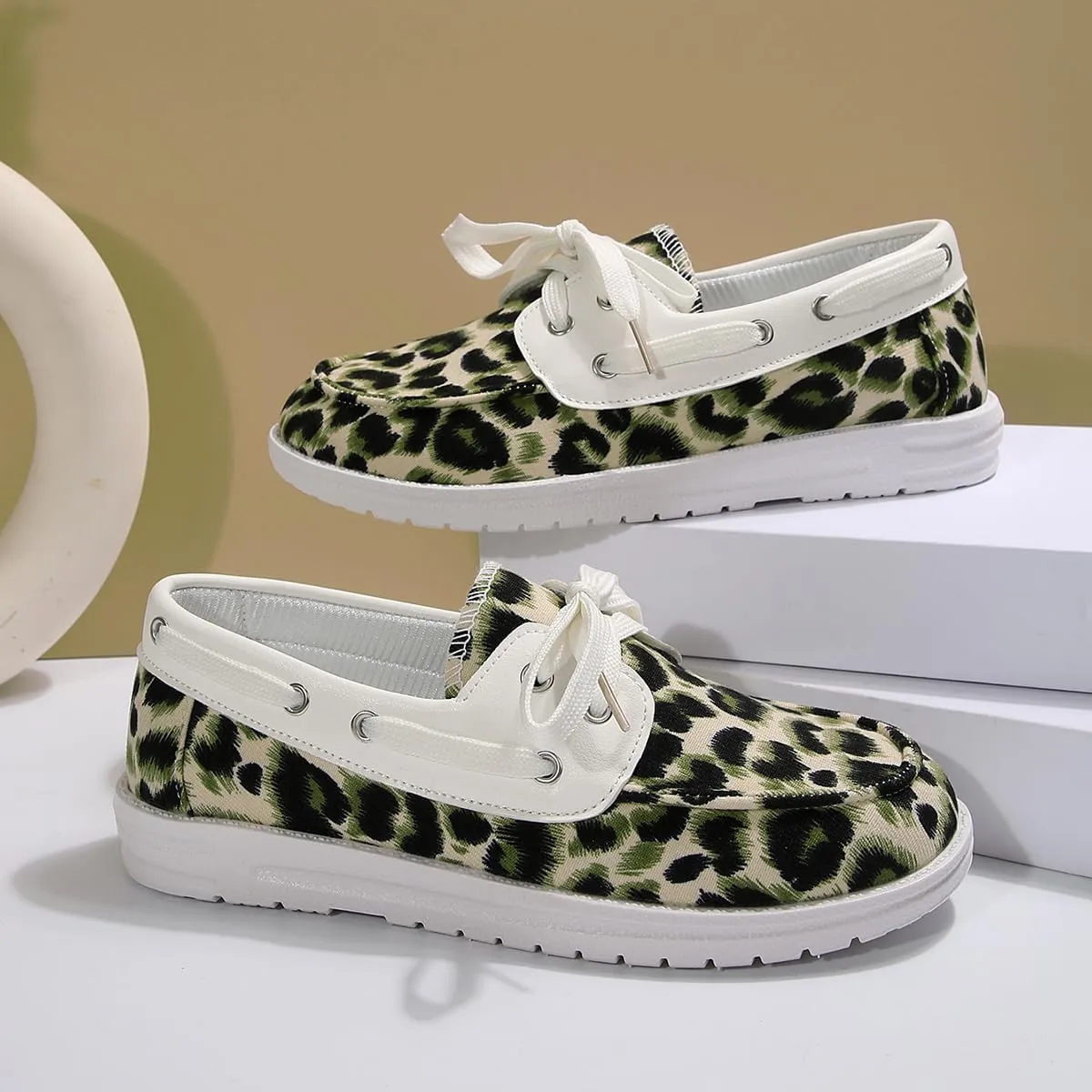 Women's Leopard Print Boat Shoes, Lace-up Canvas Deck Shoes, White Trim