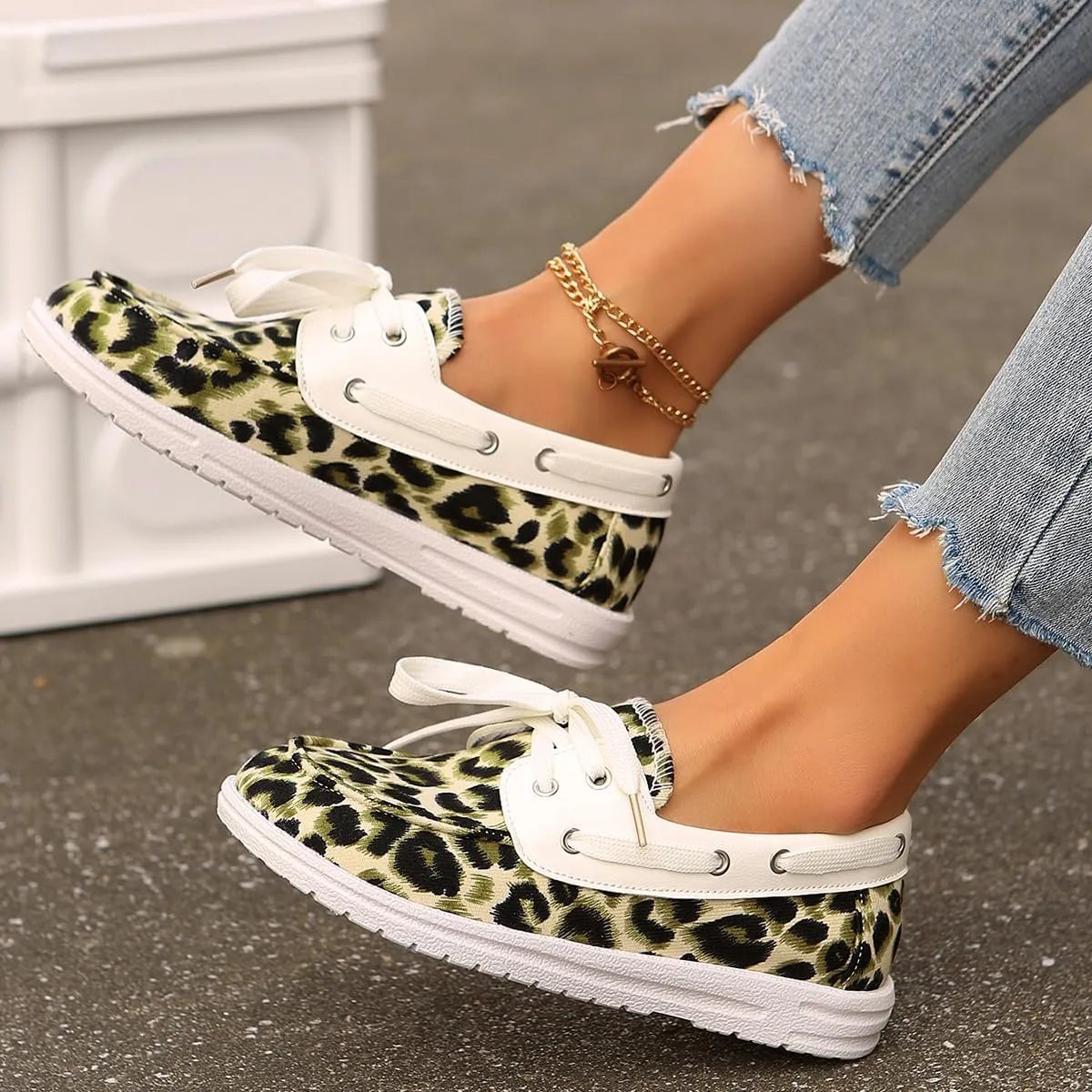 Women's Leopard Print Boat Shoes, Lace-up Canvas Deck Shoes, White Trim
