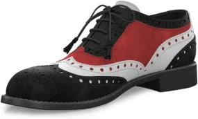 YDN Women Lace Up Oxford Carving Floral Saddle Color Block Brogues Wingtip Derby Low Heels Round Toe Shoes Business Working Size 4-16 US